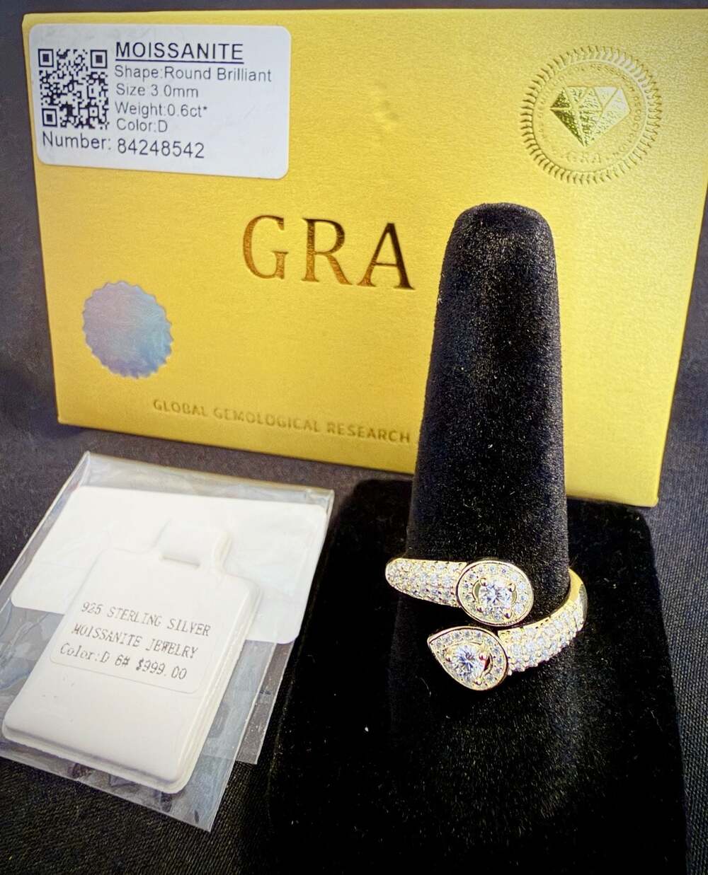 GRA 0.6ct Round Brilliant Moissanite Bypass Halo Ring, Size 6
